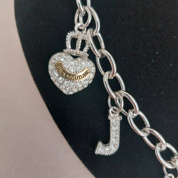 VTG Juicy Couture Necklace Y2K Pave Crystals Heart Lock Crown Charm Silver Tone - Picture 12 of 14